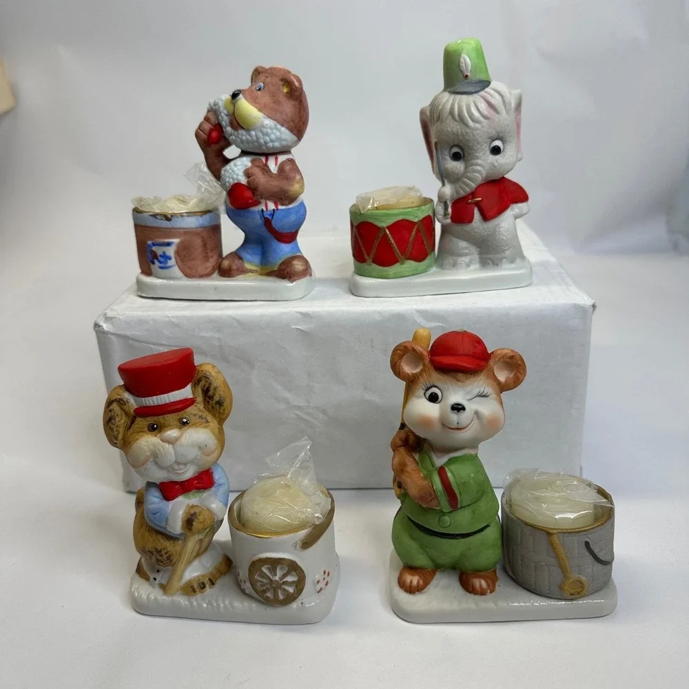 Vintage Jasco Luvkin Critters Hand Painted Bisque Porcelain Candle Fig 12pc RARE